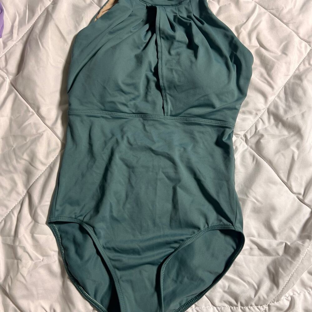 Danz N Motion Sage Green Open Back Halter Leotard Petite